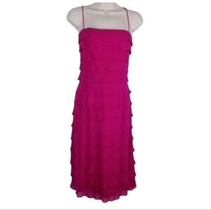 Tadashi Shoji Pink Silk Midi Dress Layered Ruffles Spaghetti Straps Small Vintag